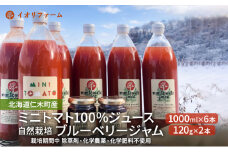北海道仁木町産 ミニトマト100％ジュース1000ml×6本・自然栽培ブルーベリージャム120g×2本セット 栽培期間中 除草剤・化学農薬・化学肥料不使用 野菜ジュース 果汁飲料 野菜飲料 [iori farm hokkaido]