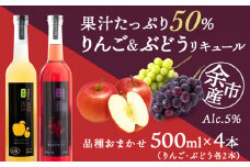 りんご&ぶどうリキュール計4本【品種おまかせ】〈余市リキュールファクトリー〉