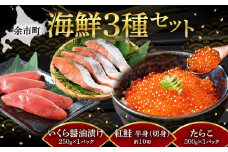 昔ながら手作り紅葉子（たらこ）300ｇ・いくら醬油味250ｇ・紅鮭（半身・切身）３点セット