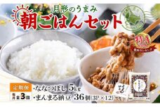 【3ヶ月定期便】北海道 月形 のうまみ 朝ごはんセット まんまる 納豆 36個 ななつぼし 5kg お米 保存料不使用 安心 安全 手作業 美味しい 大粒 タレ付 からし付 お取り寄せ 送料無料 エーコープつきがた 月形町 [№5783-0686]