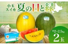 北海道 小玉 スイカ 2種 セット 夏の日と緑 2～2.5kg 2玉 赤色 黄色 2026年7月10日より順次出荷 すいか 果物 フルーツ 旬 西瓜 甘い プレゼント ギフト 自家用 お中元 お取り寄せ 国産 ご褒美 直送 エーコープつきがた [№5783-0752]