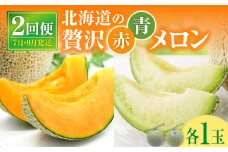 【 7月青肉・9月赤肉発送】北海道の贅沢　暑寒メロン食べ比べ2回便 【各1玉づつ】メロン 定期便 食べ比べ 先行予約 北海道 赤肉 青肉 糖度 14度以上 2025年 7月 9月 ブランドメロン