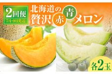 【 7月青肉・9月赤肉発送】北海道の贅沢　暑寒メロン食べ比べ2回便 【各2玉づつ】メロン 定期便 食べ比べ 先行予約 北海道 赤肉 青肉 糖度 14度以上 2025年 7月 9月 ブランドメロン