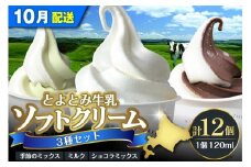 【2025年10月配送】とよとみ牛乳ソフトクリーム【ミルク／ショコラミックス／季節のミックス 各120ml 計12個】