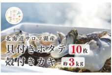 [№5930-0244]≪先行予約2025年11月から発送≫北海道サロマ湖産　貝付きホタテ10枚・カキ約3kg　ほたて　帆立　刺身　牡蠣　かき　海鮮　魚介　殻付き　貝付き　冷蔵　サロマ湖　オホーツク　おほーつく　湧別町　北海道