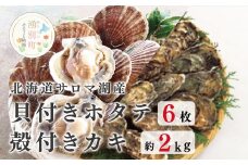 [№5930-0249]≪先行予約2025年11月から発送≫北海道サロマ湖産　貝付きホタテ6枚・カキ約2kg　ほたて　帆立　刺身　牡蠣　かき　海鮮　魚介　殻付き　貝付き　冷蔵　サロマ湖　オホーツク　おほーつく　湧別町　北海道