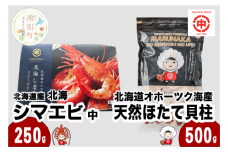 [№5930-0438]北海道オホーツク海産 天然 ホタテ 貝柱 大 500g ＆ 北海道産 北海シマエビ 中 250g ほたて 帆立 しまえび 海老 えび エビ
