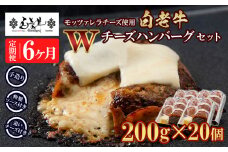 定期便6カ月 お楽しみ 白老牛 Ｗチーズ ハンバーグ セット 20個 モッツァレラ 特製ソース ベーコン 手造り