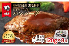 【定期便 6カ月】北海道 白老産 自家製 黒毛和牛 手ごね ハンバーグ 8枚セット