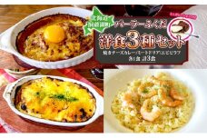 パーラーふくだ特製 焼きチーズカレー ミートドリア エビピラフ ミニガトーショコラ付 北海道 カレー チーズ ドリア エビ ピラフ  財田米 伊達産鶏 惣菜 スイーツ 手作り 洋食 加工品 湯煎 レンジ調理 冷凍 パーラーふくだ 洞爺湖町