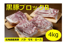 北海道 黒豚ブロックBセット4kg(1kg×４パック）豚肉 お肉 豚 ロース バラ モモ 豚ロース 豚バラ 豚もも 豚モモ肉 バラ肉 冷凍 黒豚 北海道豚 ブロック肉