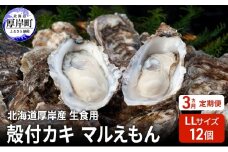 【 3ヵ月 定期便 】 北海道厚岸産 生食用 殻付カキ LLサイズ  12個　マルえもん 魚貝類 海の幸 海のミルク 海鮮 国産 北海道産 オイスター つまみ お酒 あて 肴 生牡蠣 メルマガ掲載商品1 [№5863-1368]
