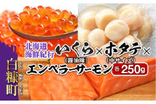 北海道海鮮紀行いくら（醤油味）・ホタテ中サイズ・エンペラーサーモンセット【各250g】