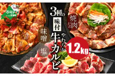 【内容量が選べる】 味付け カルビ 食べ比べ 3種 1.2kg（400g×3パック） （ ふるさと納税 カルビ 訳あり ふるさと納税 かるび 牛肉 肉 焼肉 焼き肉 人気 バーベキュー 味噌 塩 醤油 タレ ランキング 北海道別海町 ）【NS0000047】