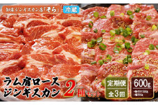 【定期便：全3回】 知床 ジンギスカン店 そら ジンギスカン 2種 セット ラム肩ロース 味付き 塩 各300g 計600g　オンライン 申請 ふるさと納税 北海道 中標津 ラム肉 知床ジンギスカン 焼肉 BBQ 定期便 3ヶ月 中標津町【16011】