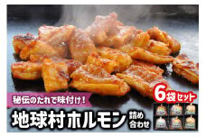 地球村ホルモン詰め合わせ 6袋セット｜源たれ味も！秘伝のみそ味も！選べる美味しさ 国産 食べ比べ 焼肉 つがる ホルモン ホルモン焼き 冷凍 味付き 焼くだけ 焼き肉 キムチ味 塩味 源タレ味 [0397]