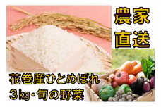 【農家直送】北国農家のひとめぼれ３kgと旬の野菜お届け便【1432】