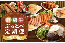 【3回定期便】二戸特産豚・鶏・牛の「ぶっとべ」定期便／折爪三元豚佐助 あべどり 菜彩鶏 いわて短角牛 豚 鳥 牛 豚肉 鶏肉 牛肉 肉 にく  味付き肩肉 つくね ウインナー ソーセージ ハンバーグ 食べ比べ 3回定期便