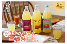 江刺りんごジュース 三姉妹（ 1000ml瓶 × 3本 ） 江刺産サンつがる、ジョナゴールド、サンふじ使用 ストレート果汁100％ [A0007]