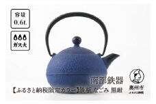 【ふるさと納税限定カラー】 南部鉄器 鉄瓶 なごみ 0.6L 黒紺 伝統工芸品 400ml程度 小ぶり 扱いやすい 色落ちを楽しむ 持ち手がたおせる 収納 キッチン用品 やかん [Y0081]