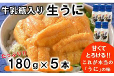 【期間限定 寄付額改定】 牛乳瓶入り 生うに 180g×5本セット 【ミョウバン不使用 無添加】生雲丹 生ウニ 岩手 三陸 高級 塩水 瓶詰め うにびん