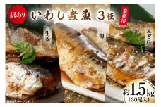 訳あり 業務用 いわし煮魚 3種 ×10尾 計30尾入 約1.5kg 簡易包装 [カネダイ 宮城県 気仙沼市 20565562] 魚 魚介 煮魚 国産 生姜煮 梅肉煮 みぞれ煮 おかず 焼き魚 簡単 時短 訳アリ 冷凍 レビューキャンペーン