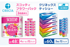トイレットペーパー ティッシュペーパー 日用品セット 2品別配送 スコッティ フラワーパック 香り付き 48ロール クリネックス 60箱 3倍長持ち ダブル ティッシュ ティシュー 日用品 消耗品 生活用品 生活必需品 まとめ買い 防災 宮城県 岩沼市 [№5704-0574]