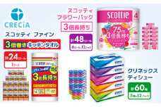 トイレットペーパー ティッシュペーパー キッチンペーパー 日用品セット 3品別配送 スコッティ フラワーパック ダブル 48ロール クリネックス 60箱 ペーパータオル 24ロール 防災 災害 日用品 消耗品 生活用品 生活必需品 まとめ買い 宮城県 岩沼市 [№5704-0575]