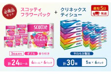 ティッシュ クリネックス ティシュー 5箱入×6パック トイレットペーパー ダブル スコッティ3倍長持ち 4ロール×6パック フラワーパック 香り付き 長持ち 防災 災害 日用品 生活用品 生活必需品 [№5704-1780]