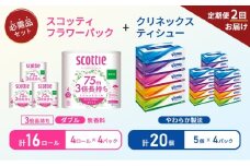 【6ヶ月ごと計2回お届け】ティッシュ クリネックス ティシュー 5箱入×4パック トイレットペーパー ダブル 3倍 長持ち 4ロール入×4パック スコッティ フラワーパック 無香料 長持ち 防災 災害 日用品 生活用品 生活必需品 [№5704-1785]
