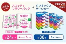 【6ヶ月ごと計2回お届け】ティッシュ クリネックス ティシュー 5箱入×6パック トイレットペーパー ダブル スコッティ3倍長持ち 4ロール×6パック フラワーパック 無香料 長持ち 防災 災害 日用品 生活用品 生活必需品 [№5704-1787]