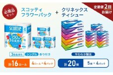 【6ヶ月ごと計2回お届け】ティッシュ クリネックス ティシュー 5箱入×4パック トイレットペーパー シングル フラワーパック 3倍長持ち ロール×4パック 香り付き 長持ち 防災 災害 日用品 生活用品 生活必需品 [№5704-1795]
