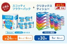 【特別寄附額/岩沼市オリジナル】ティッシュ クリネックス ティシュー 5箱入×6パック トイレットペーパー シングル フラワーパック 3倍長持ち 4ロール×6パック 香り付き 長持ち 防災 災害 日用品 生活用品 生活必需品 [№5704-1796]