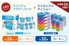 【6ヶ月ごと計2回お届け】ティッシュ クリネックス ティシュー 5箱入×6パック トイレットペーパー シングル フラワーパック 3倍長持ち 4ロール×6パック 香り付き 長持ち 防災 災害 日用品 生活用品 生活必需品 [№5704-1797]