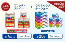 【6ヶ月ごと計2回お届け】ティッシュ クリネックス ティシュー 5箱入×4パック キッチンペーパー 4パック入 キッチンタオル スコッティ ファイン 1 ロール 3倍 150カット 長持ち 防災 災害 日用品 生活用品 生活必需品 [№5704-1801]