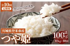 ≪令和7年産≫【10回定期便】つや姫 計100kg(10kg×10回配送) 登米市産 お米 おこめ 米 コメ 白米 ご飯 ごはん おにぎり お弁当 10か月 頒布会【登米ライスサービス株式会社】tm492