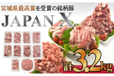 ＜蔵王町産＞JAPAN X　豚肉バラエティセット 3.2kg  　豚肉 豚 ブランド豚 小分け 豚小間 豚こま ひき肉 切落し 豚バラ 豚ロース ジャパンエックス 蔵王 人気 　【04301-0366】