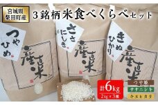 ＜先行予約！2025年10月上旬から順次発送予定＞宮城県柴田町産3銘柄米食べくらべ（精米）2kg×3種 つや姫 ササニシキ キヌヒカリ 米 お米 おこめ コメ 白米 ごはん おにぎり お弁当 【しばたの未来】sh020