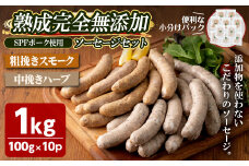 国産SPFポーク使用！熟成完全無添加ソーセージ10パックセット(100g×10パック) アンシェーヌ ソバージュ 手作り あらびき 粗挽きスモーク 中挽きハーブ入り 肉 加工品 燻製 小分け 食べ比べ 冷蔵 おつまみ BBQ バーベキュー【有限会社コブレンツ】ta297