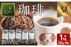 自家焙煎珈琲豆 飲み比べセット(豆) 200g×5種 計1kg  中煎り 中深煎 深煎り 季節のブレンド コーヒー 珈琲 コーヒー豆  焙煎 スペシャルティコーヒー セット【モカモアコーヒー】ta511-A