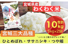 宮城県産三大銘柄いいとこ取りブレンド米 わくわく米 5kg×2袋入 計10kg ◆｜ お米 精米 白米 ひとめぼれ ササニシキ つや姫 宮城県産 三大銘柄