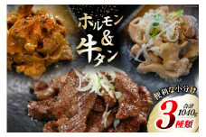 肉 志津川ホルモン 辛味噌・塩 各200g×2・牛タン 厚切り 塩味 120g×2 計1.04kg [佐利 宮城県 南三陸町 30ag0008] 精肉 牛肉 豚肉 牛 豚 牛たん タン塩  厚切り ホルモン 辛みそ 塩 味付き 焼肉 焼き肉 BBQ 小分け 冷凍