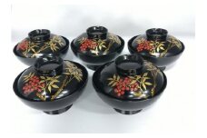 川連漆器 4.2古代型吸物椀 南天 5客揃え【井上漆器店】[F5902]
