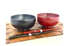 川連漆器 箸付夫婦4.4寸椀（銀朱・銀溜）紙箱入【(株)佐藤商事】[C4-5501]