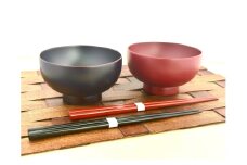 川連漆器 箸付夫婦坪汁椀（銀朱・銀溜）紙箱入【(株)佐藤商事】[H2-5502]