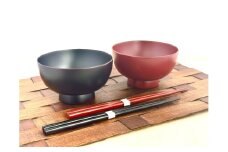 川連漆器 箸付夫婦たっぷり椀（銀朱・銀溜）紙箱入【(株)佐藤商事】[H5504]