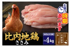 比内地鶏 ささみ 4kg（1kg×4袋） お届け時期選べる 4キロ 国産 冷凍 鶏肉 鳥肉 とり肉 ササミ 配送時期選べる
