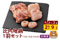 【定期便9ヶ月】比内地鶏 1羽セット(もも・むね・ささみ) 約2kg(不定貫約1kg×2袋) 2キロ 国産 冷凍 正肉 鶏肉 鳥肉