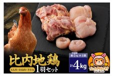 比内地鶏 1羽セット(もも・むね・ささみ) 約4kg(不定貫約1kg×4袋) 4キロ 国産 冷凍 正肉 鶏肉 鳥肉