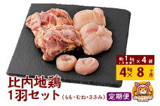 【定期便8ヶ月】比内地鶏 1羽セット(もも・むね・ささみ) 約4kg(不定貫約1kg×4袋) 4キロ 国産 冷凍 正肉 鶏肉 鳥肉